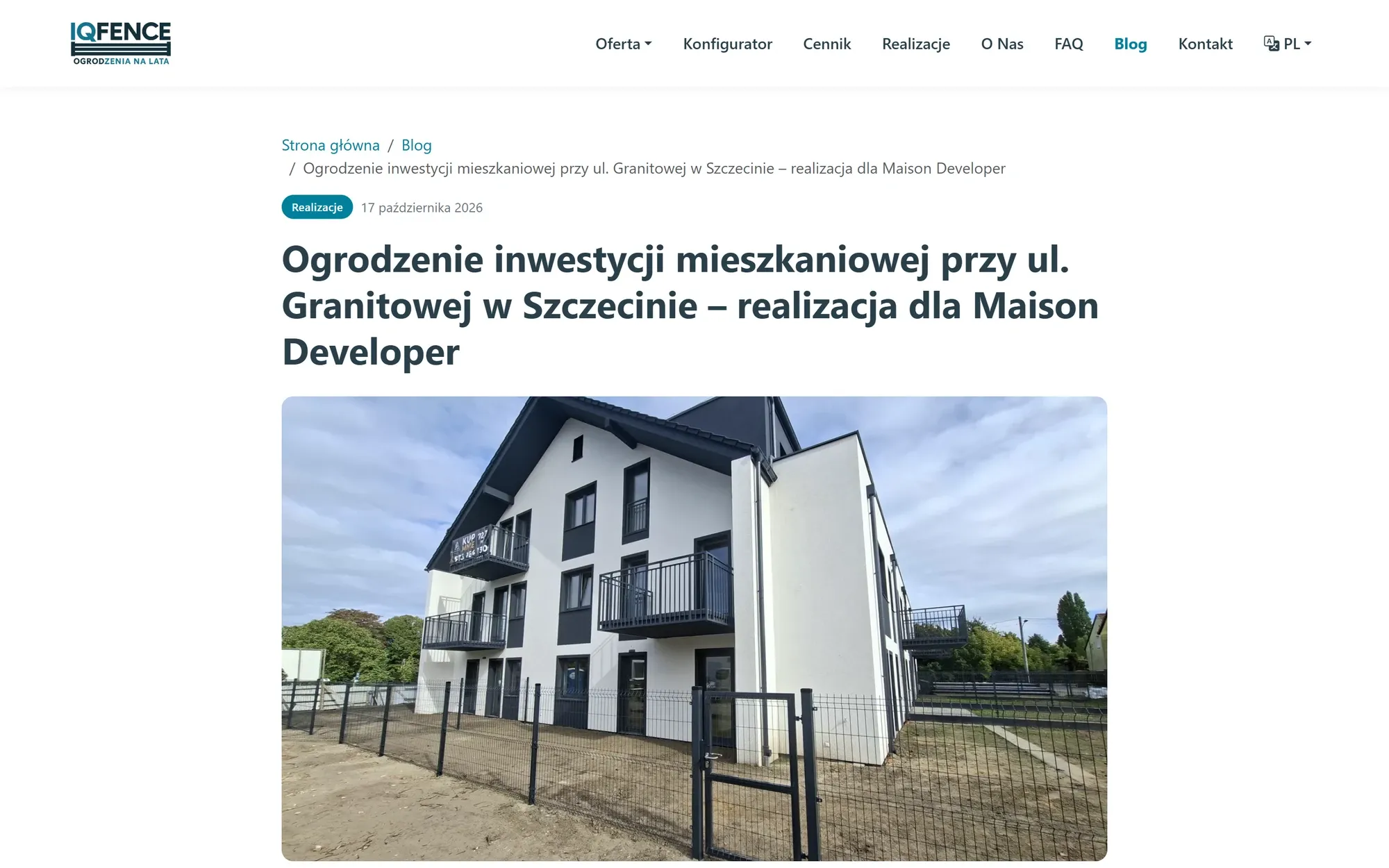 A blog post describing a fence installation for a residential development, with a photo of the building.