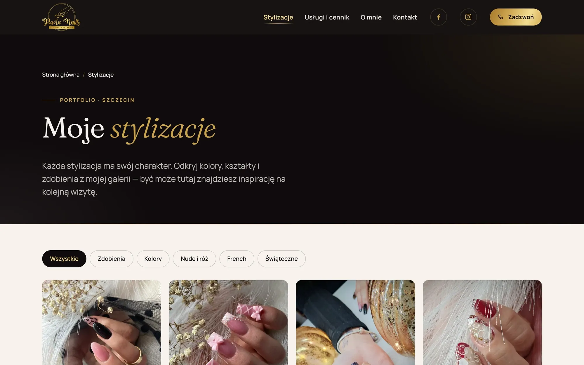 The "My nail work" gallery page with category filters and a photo grid.