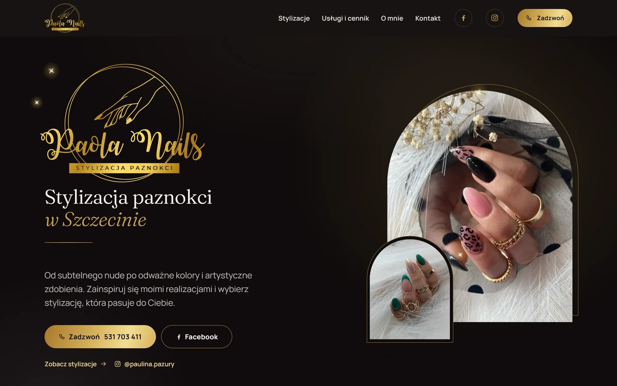 Paola Nails homepage — the gold logo with sparkles, the headline "Nail styling in Szczecin" and nail photos in arched frames.
