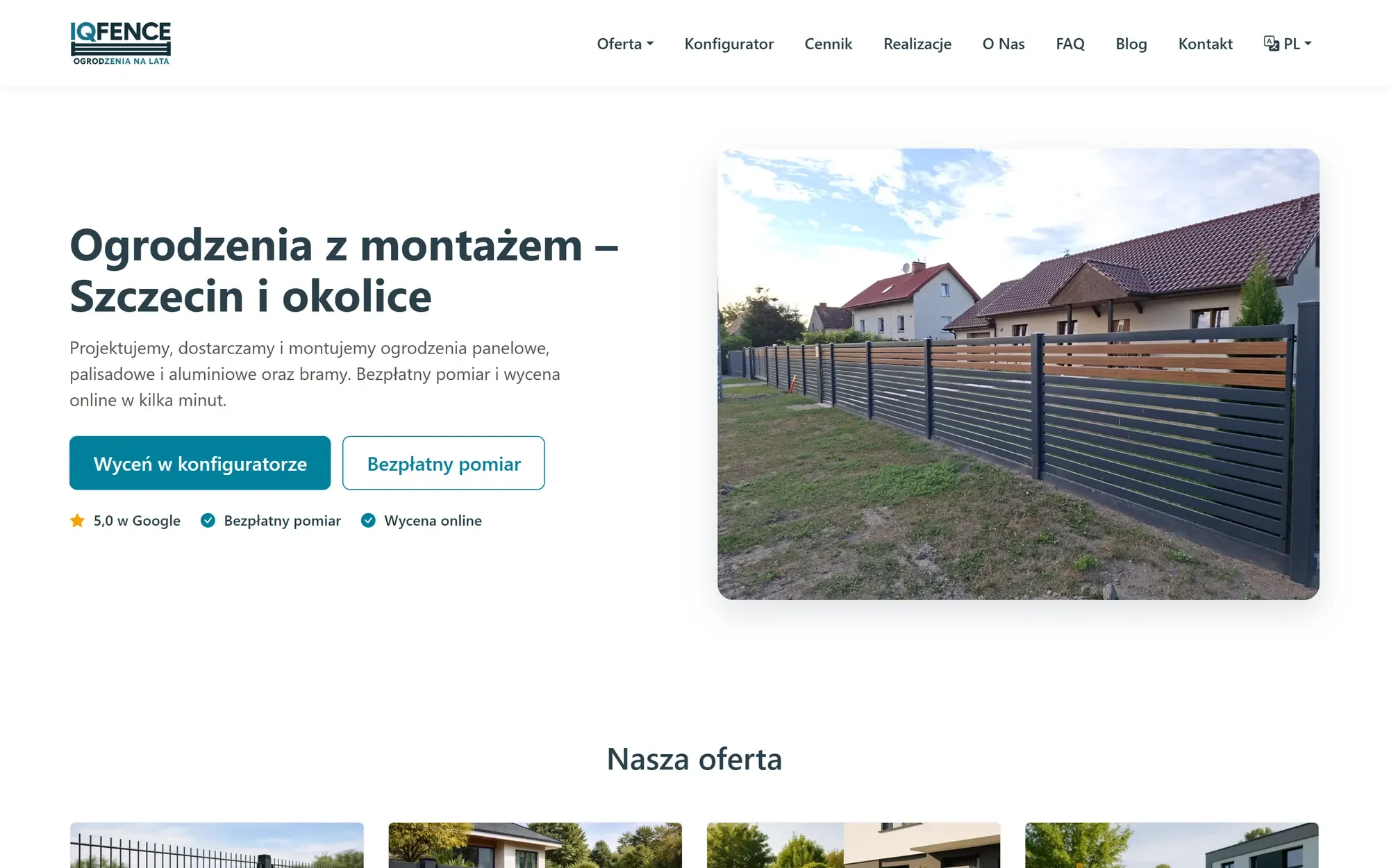 IQ Fence homepage on desktop — the headline about fences with installation in Szczecin, a photo of an installed fence and two call-to-action buttons.