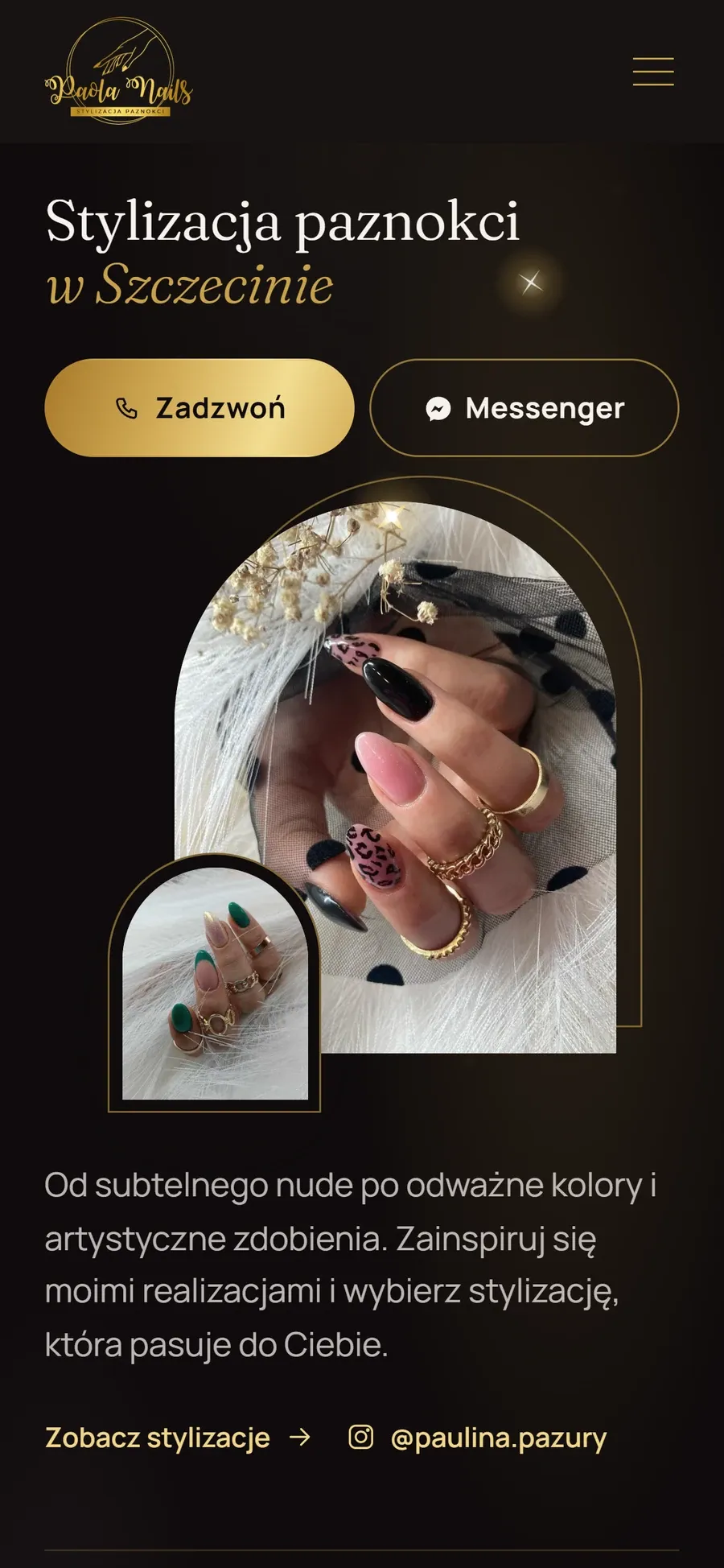 Paola Nails homepage on a phone with Call and Messenger buttons.
