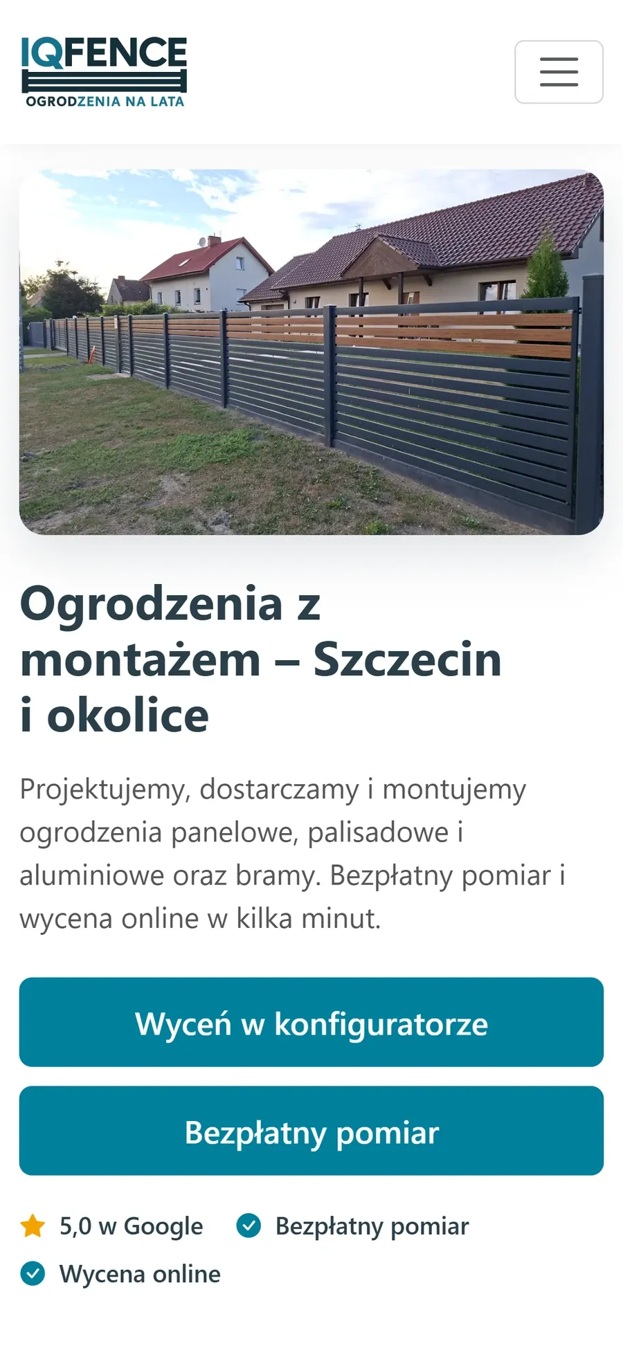 IQ Fence homepage on a phone, in a single-column layout.
