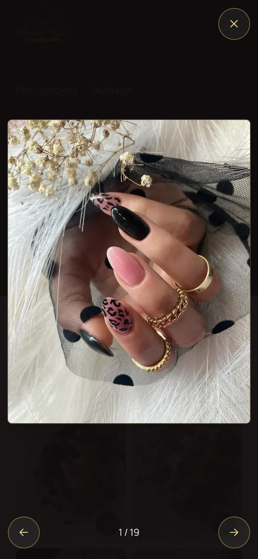 An enlarged nail photo in the lightbox on a phone, with arrows and a counter.