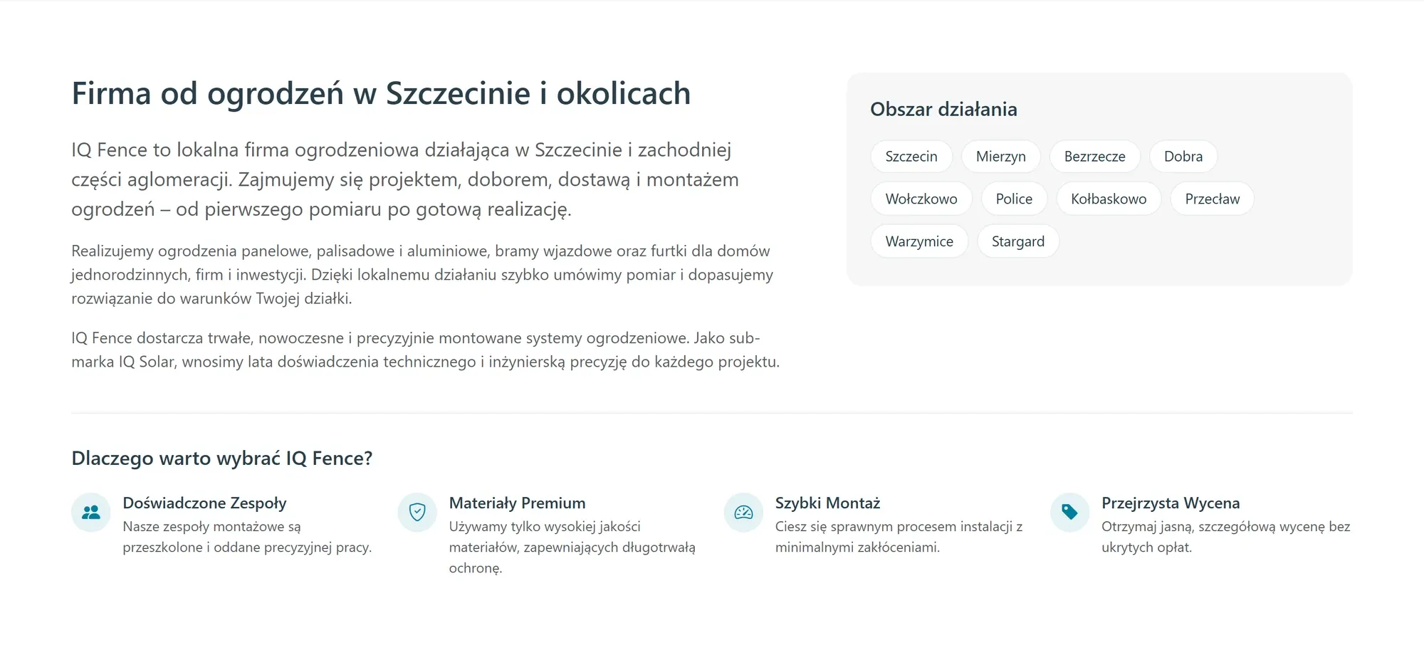 The section about a fencing company in Szczecin and the surrounding area, with a list of towns covered.