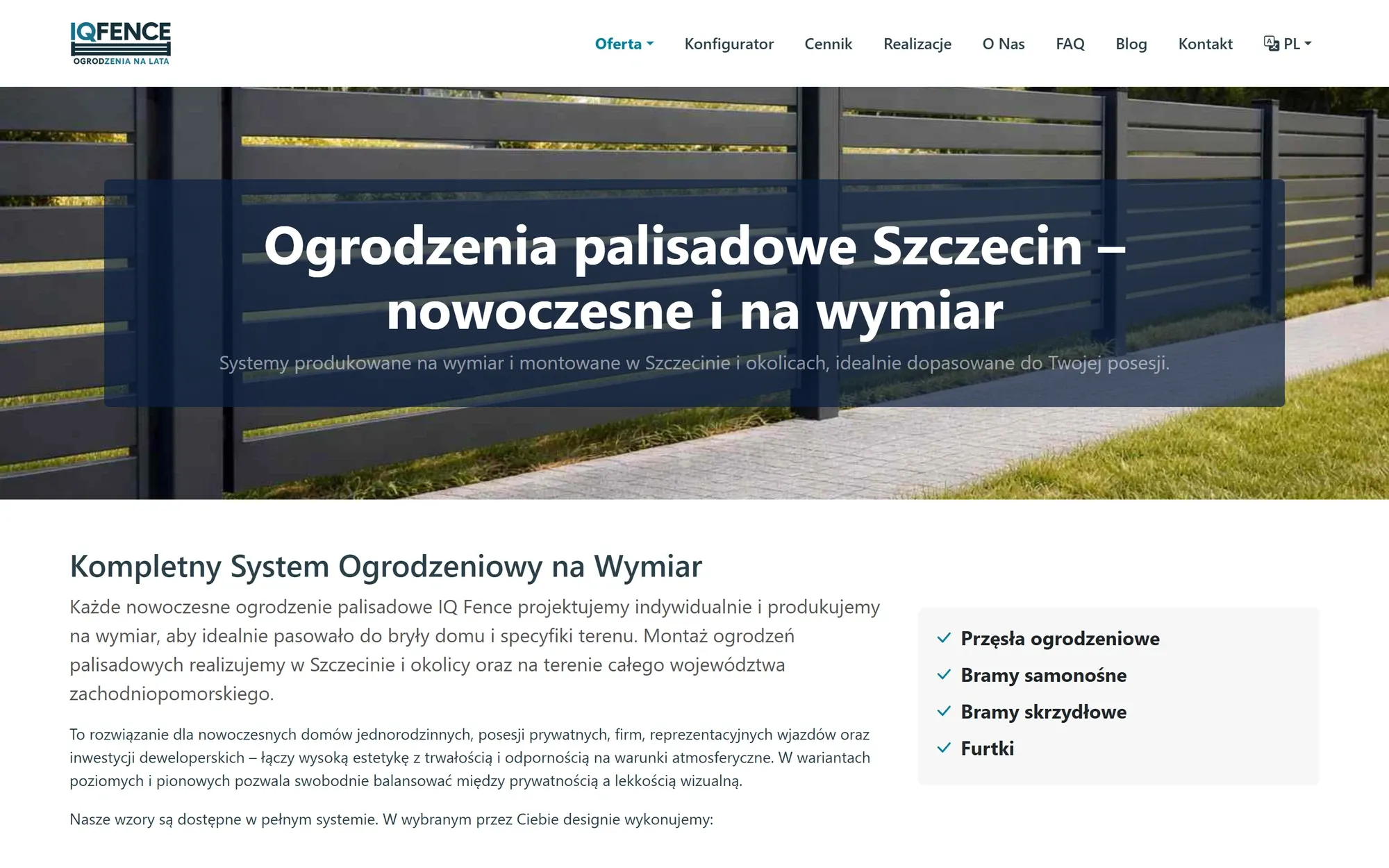 The palisade fence product page — a full-bleed photo with a headline and a description of the system.
