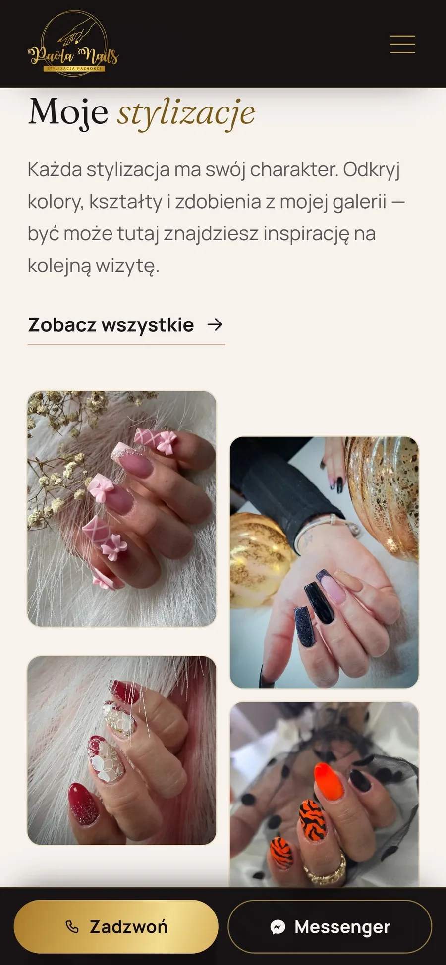 The nail work section on a phone — photos in two columns and the quick-contact bar at the bottom of the screen.
