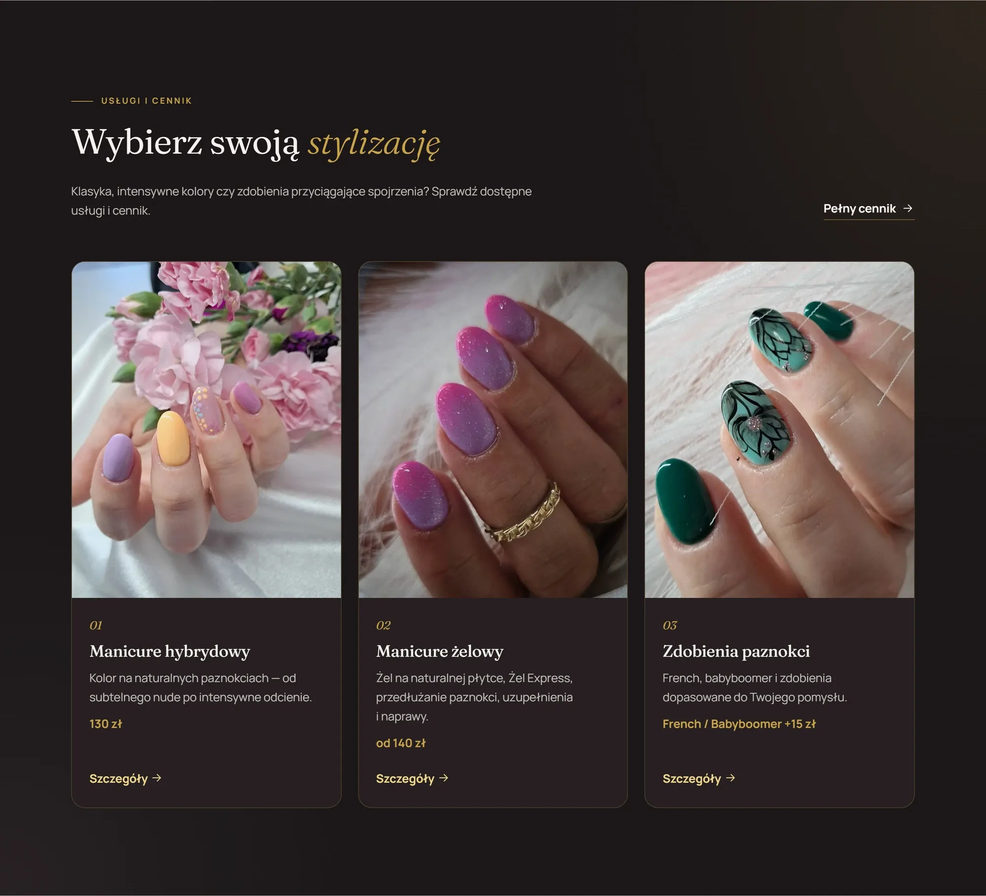 The services section — nail photos in cards on a charcoal background with gold typography.